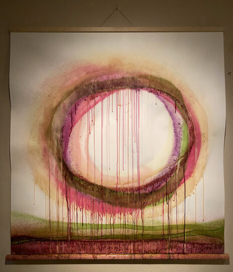 CIRCLE IN GROUND, 2020, beetroot, bilberry, soy, pumpkin, parsley, coffee, carrot, rose, swede, ducks blood and coal on paper, 105 x 105 cm